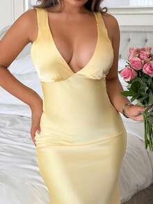 Maria Perezxox Vestido largo minimalista y sexy de unicolor amarillo/crema con escote en V profundo, sin mangas y espalda descubierta con lazo, adecuado para fiestas, cócteles, ocasiones formales, dama de honor, cumpleaños, Navidad y casual de negocios - Amarillo claro - Ver 6