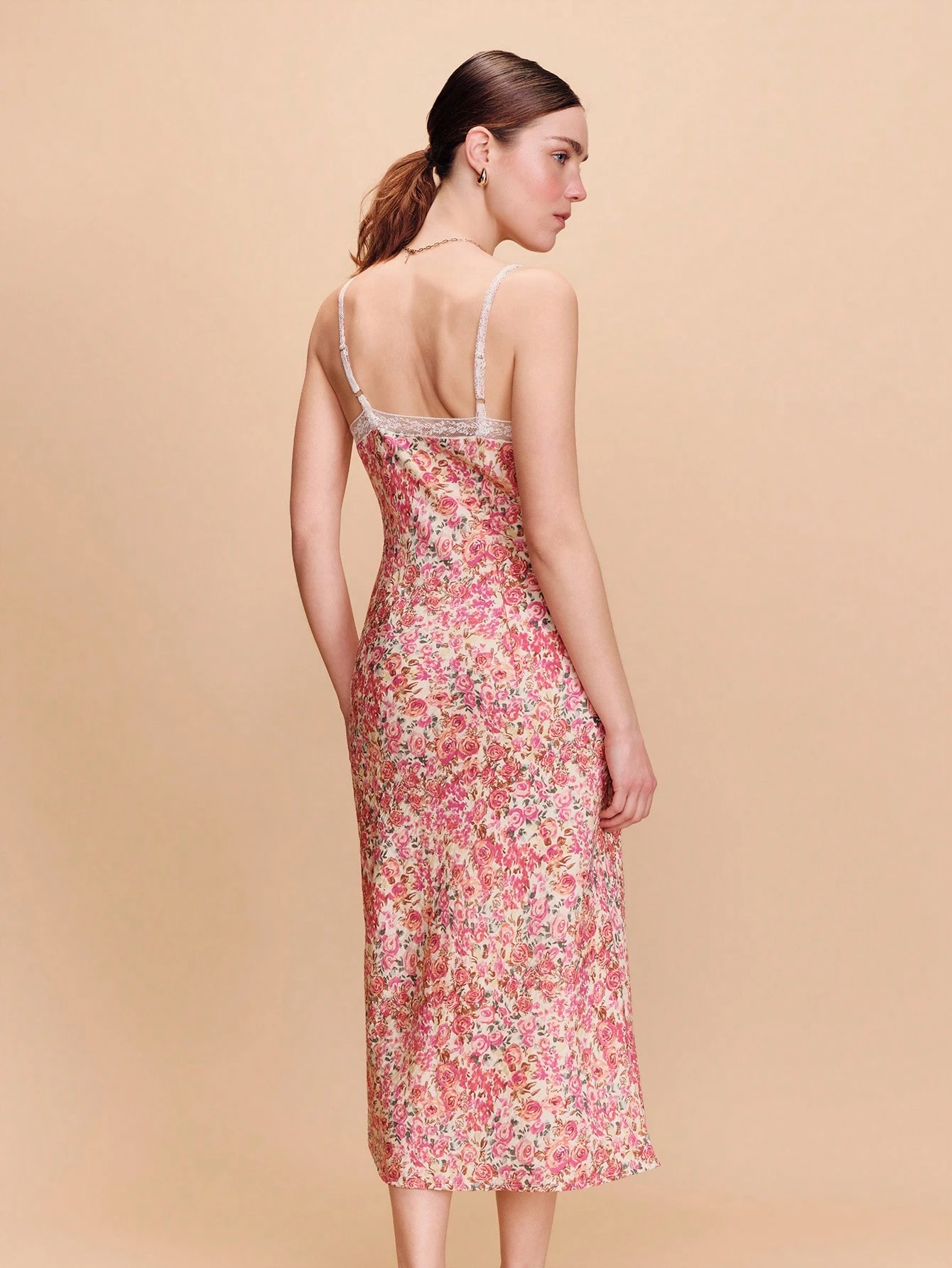 Pink Floral Woven Midi Dress With Lace Chest Detail And Straps Cute Boho Spring Summer Vintage Holiday Dress Parisian Style French Style Vacation Dress Going Out Dress