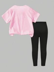 Ensemble t-shirt à manches courtes et leggings pour jeunes filles, style décontracté, mode, confortable, minimaliste, polyvalent, créatif, mignon, avec imprimé lapin doré et nœud. Convient pour le port quotidien décontracté et les vacances de Pâques - Rose bonbon - Voir 2