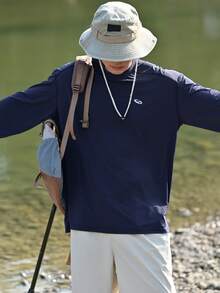 DAZY Spring Letter Print Navy Blue Long Sleeve T-Shirt For Men - Navy Blue - View 7