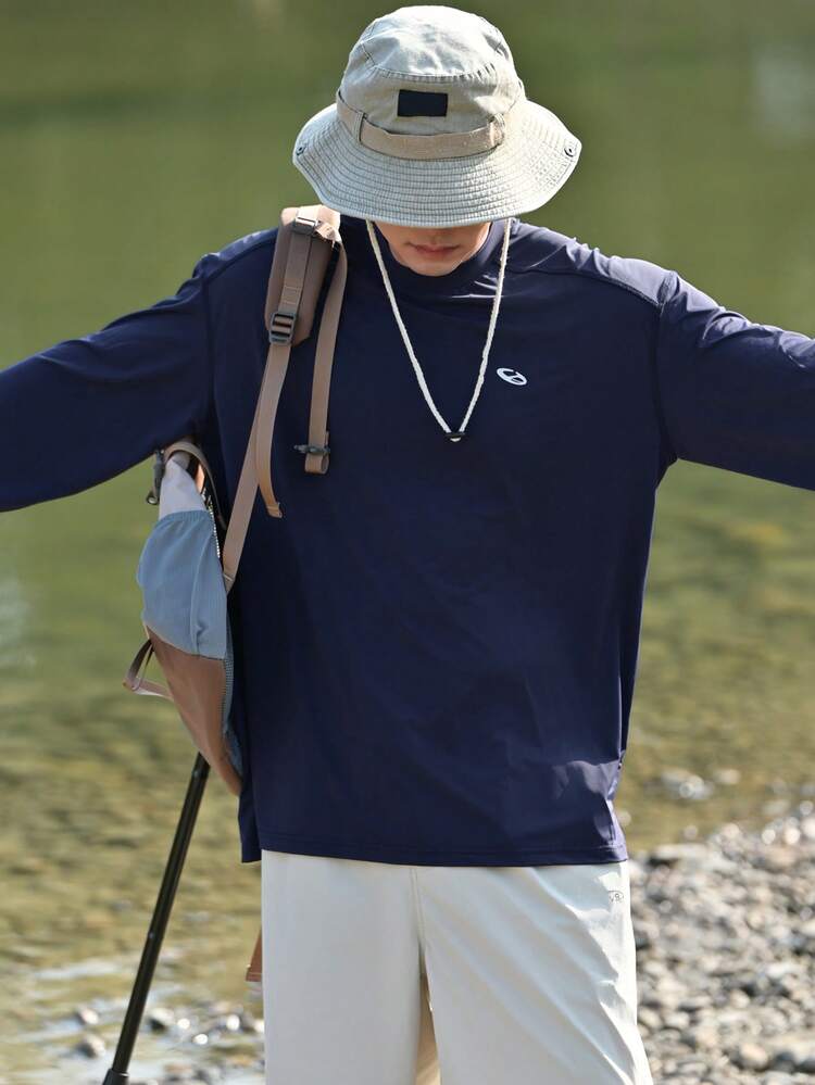 Spring Letter Print Navy Blue Long Sleeve T-Shirt For Men