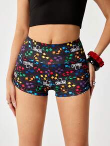 Tetris™ X SHEIN Women Geometric Print Elastic Waist Casual Shorts, - Black - View 4