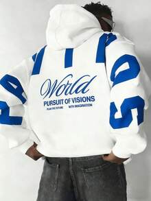 Hình in chữ "PAVTROS" màu xanh dương cỡ lớn ở phía sau áo hoodie tạo thêm điểm nhấn sang trọng cho chiếc áo hoodie nam, thích hợp cho Ngày Valentine, mùa xuân hè, làm quà tặng cho bạn trai, phong cách đường phố cổ điển, dự tiệc, Ngày Thánh Patrick, đi chơi, phong cách Y2K. - trắng - Xem 1