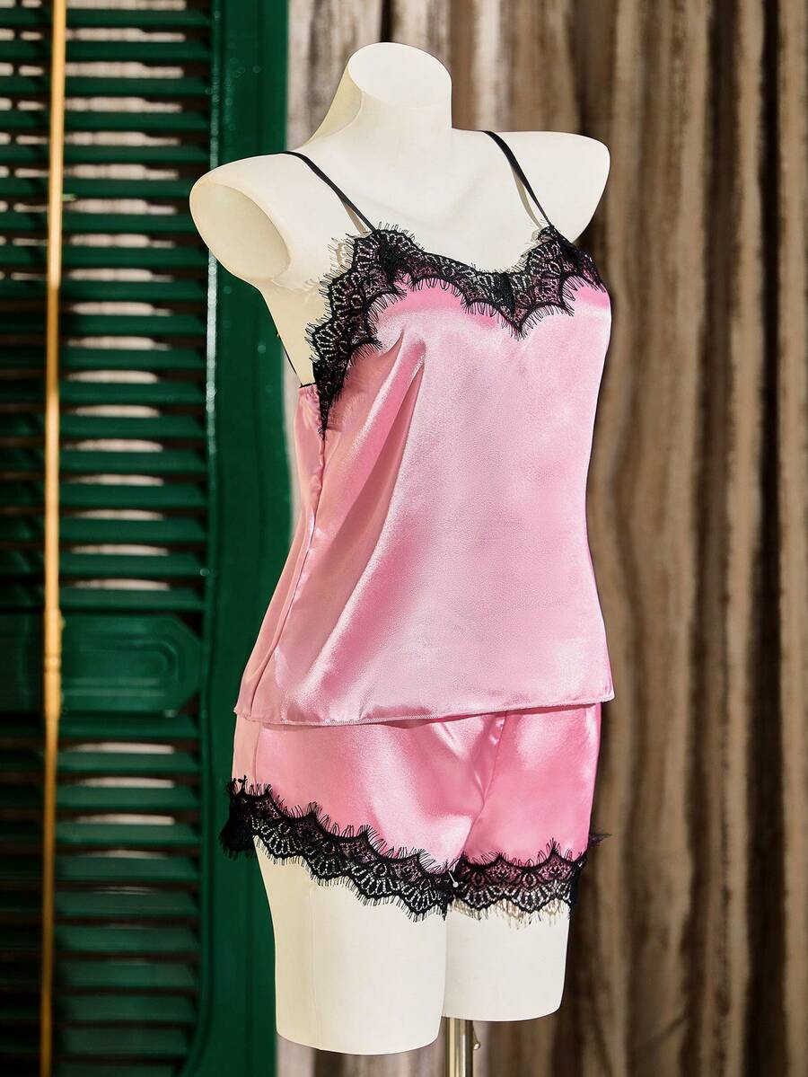 SilkySpell Women's Contrast Lace Camisole And Shorts Pajama Set - Pink - View 1