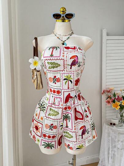 Comfortcana 大码两件套：棕榈树印花系带抹胸上衣和短裤，休闲海滩度假风，春夏款