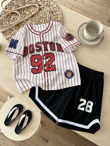 2pcs/Set Young Boy Knit Striped Letter & Number Graphic Casual Shirt And Shorts Set - Multicolor - View 3