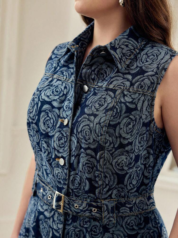 PLUS SIZE WOMEN'S TURNDOWN COLLAR WAIST CINCHED BELTED DENIM DRESS, SPRING/SUMMER