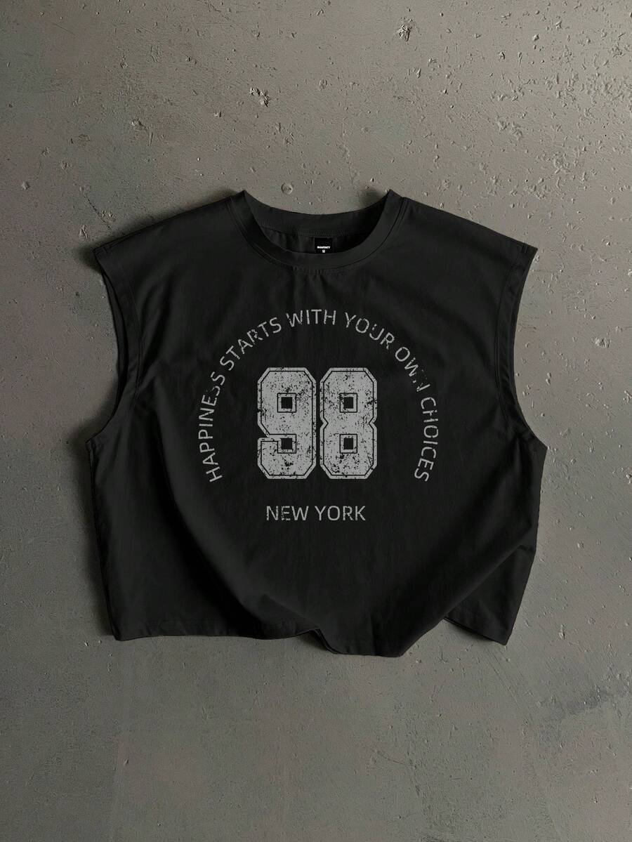 StoneGrade 复古做旧88图案印花宽松无袖男士背心，黑色，休闲街头风必备单品，适合约会、派对、送给男友的礼物 - 黑色 - 查看 1