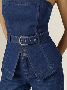 Poéselle Women's Fashionable Versatile Denim Tube Top With Eyelet Design, Suitable For Dates And Outings - Medium Wash - View 5