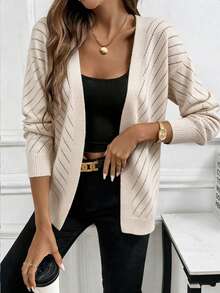 SHEIN Elenzya Light Apricot Ribbed Knit Cardigan, Casual Commuter Wear, Spring/Summer - Apricot - View 4