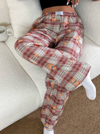 SHEIN Napfluff Women's Casual Bear Plaid Print Elastic Waist Straight Leg Lounge Pants