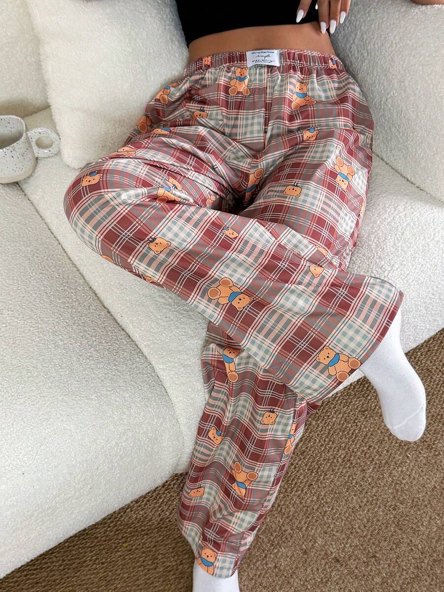 SHEIN Napfluff 女士休闲熊格纹印花弹力腰直筒家居裤 - 彩色 - 查看 1