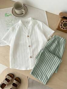 LMoss Kids 2pcs Young Boy Woven Solid Color Casual Shirt And Striped Pants Set Boy Dress Clothes Outfit Button Down Shirt Pants Set 2 Piece Boys Short Sleeve 2 Piece Casual Stripe Pants Set For Kids Boy Shirt Set,Kids - Mint Green - View 7