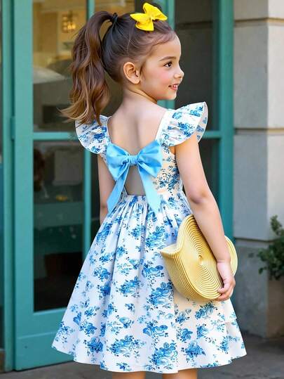Elladie kids Tween Girls' Fashion Butterfly Print Cap Sleeve Dress Lolita Dress Vintage Dress Blue And White Floral Dress Tea Party Dress Blue Floral Dress Blue Flower Dress Bow Back Dress Blue And White Floral Dress Girls Dress Vintage Girls Kids Blue Floral Dress Open Back Dress For Kids Girl Bow Dress Blue Floral Dress Girls