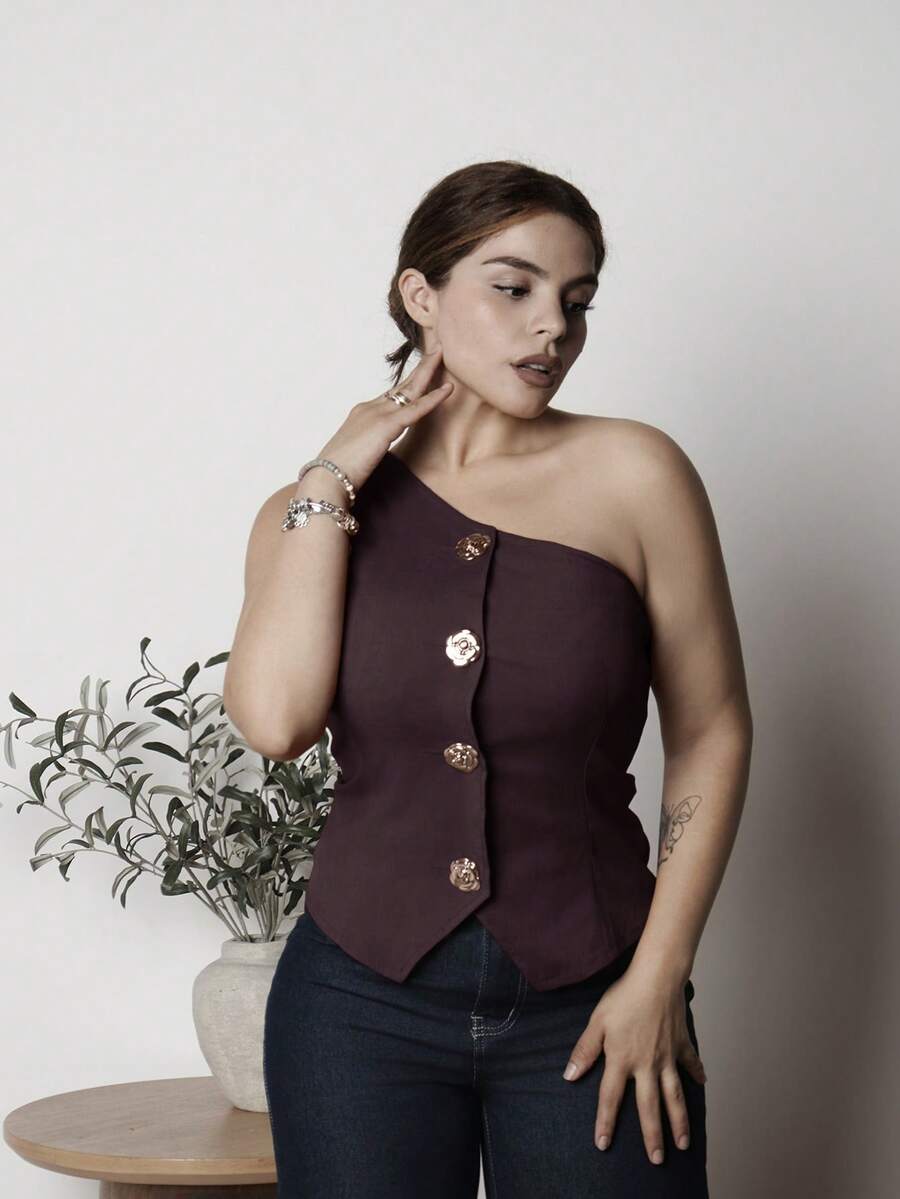 Lupita Cardoza 时尚优雅的 S 形性感不对称肩部金属扣装饰黑色女上衣,春夏季 - 中紫紅色 - 查看 1
