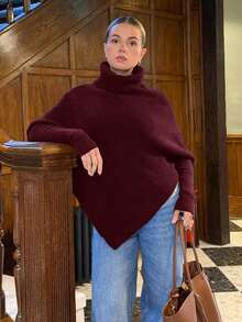 Bethéva 女式露肩裹身酒红色超长毛衣，秋冬 - 酒紅色 - 查看 1