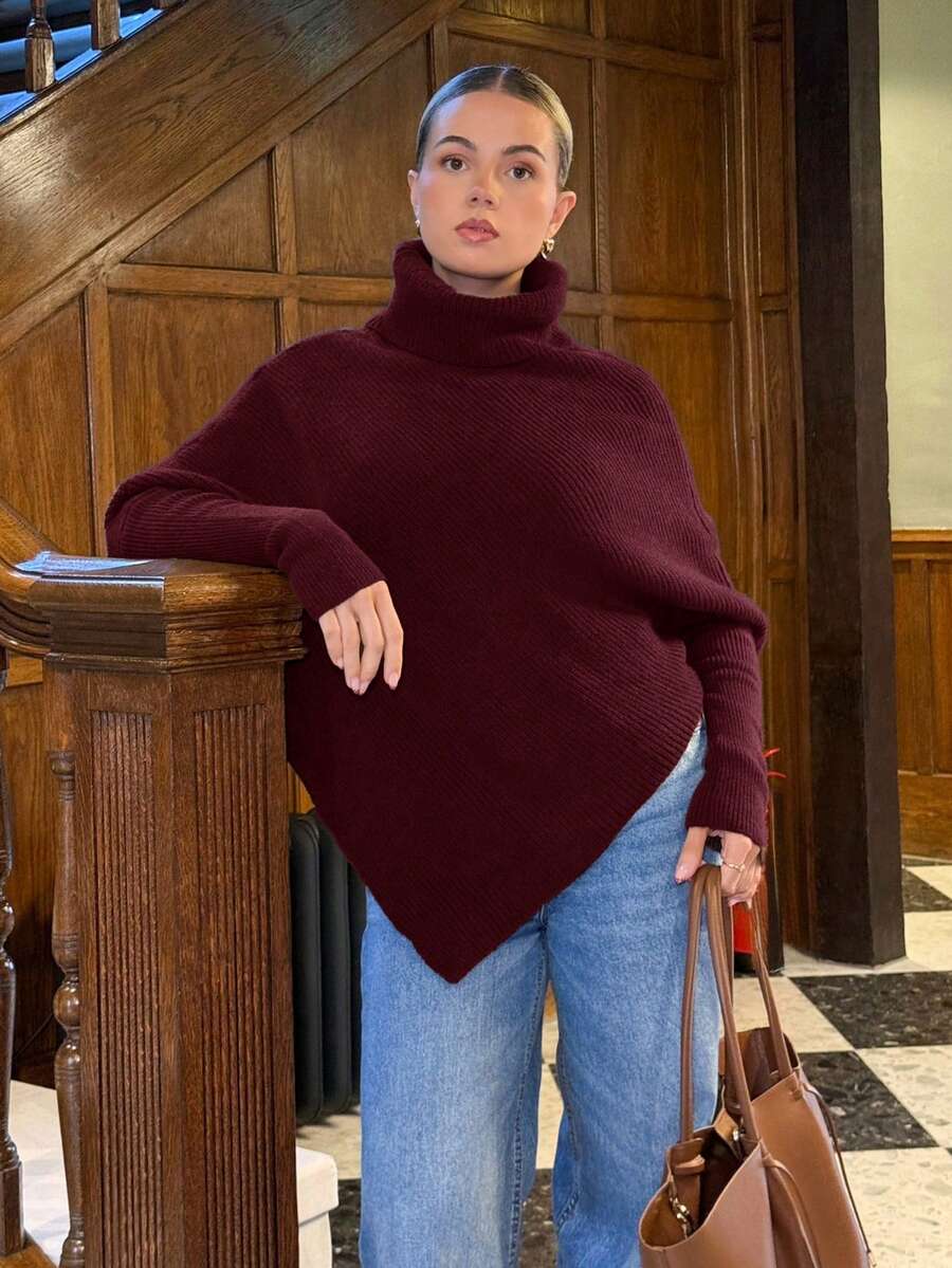 Bethéva 女式露肩裹身酒红色超长毛衣，秋冬 - 酒紅色 - 查看 1