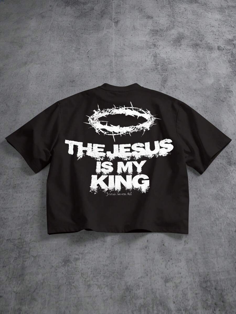 Manfinity ZONE917 Men's Slogan Print Round Neck Short Sleeve Casual Cropped T-Shirt - Black - View 1