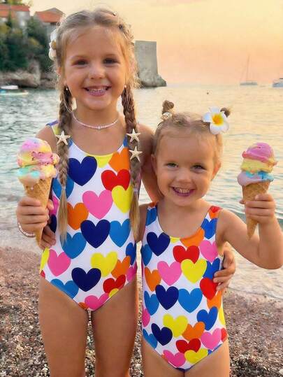 SHEIN Traje de baño de niña con estampado floral y cuello de halter, dulce y casual para primavera/verano