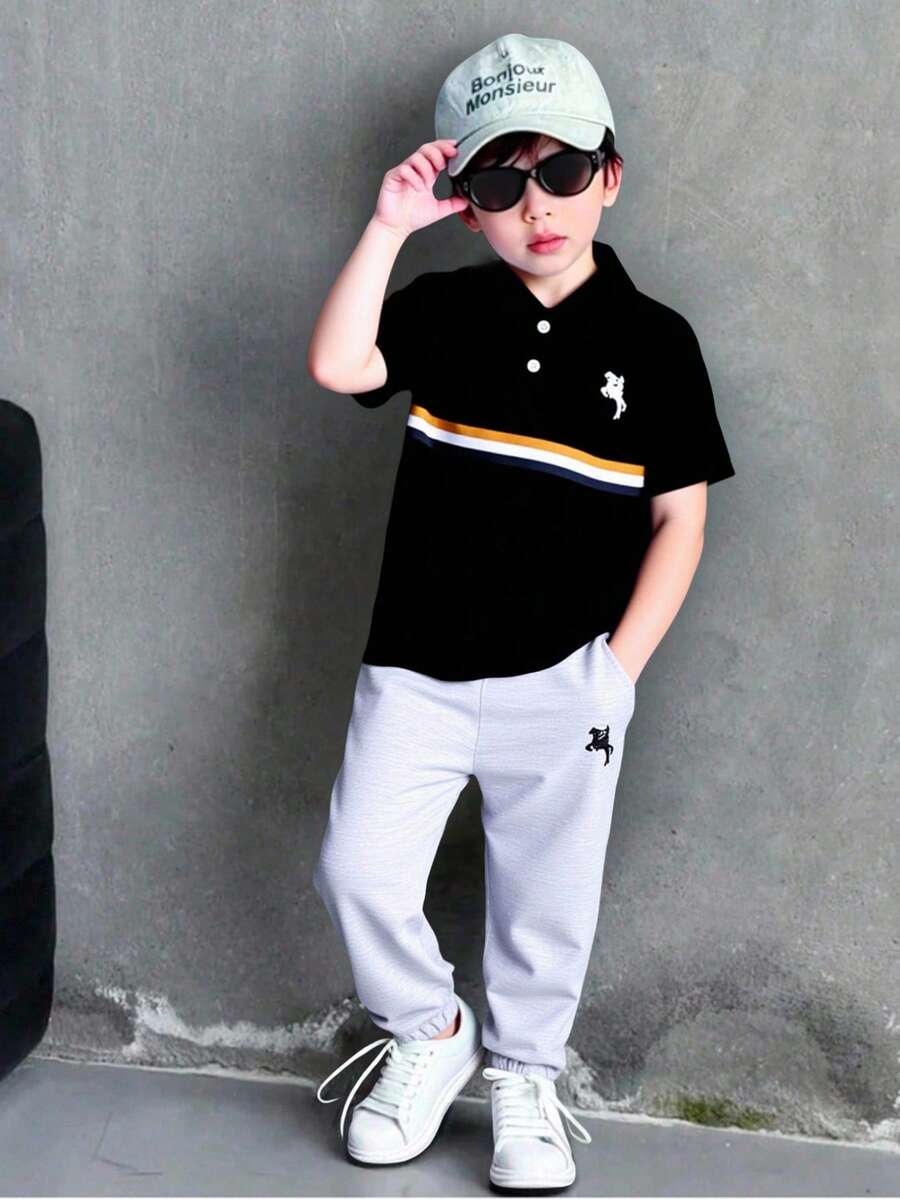 SHEIN Streecool Kids 2pcs/Set Young Boy Summer Casual Contrast Stripe T-Shirt And Pants Set - Black - View 1