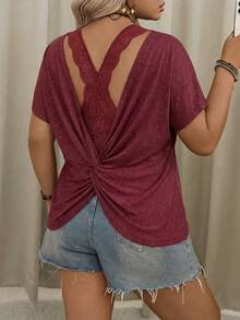 SHEIN VCAY Áo thun ngắn tay cổ tròn, lưng chéo, màu trơn, cỡ lớn dành cho nữ, kiểu dáng thường ngày, đa năng. - Gỗ đỏ - Xem 6