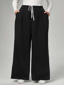 SHEIN Tall CURVE Große Größen Sporthose mit tiefer Taille, kontrastfarbigem Bund, weite Beine, Damen Lässig Hose im Alltags-Lässig-Stil - Schwarz - Übersicht 5