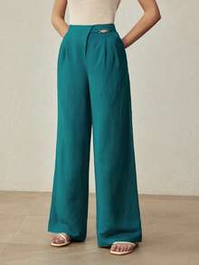 MOTF PREMIUM LINEN MINIMALIST ASYMMETRIC WAIST STRAIGHT WIDE-LEG PANTS, SPRING/SUMMER - Teal Blue - View 5