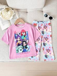 SHEIN Bộ 2 món áo thun cổ tròn và quần legging dệt kim họa tiết dễ thương cho bé gái - Nhiều màu - Xem 3