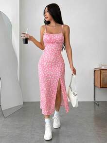 SHEIN EZwear Nuevo vestido de punto con tirantes de espagueti y abertura, con estampado, para mujer, para vacaciones - Rosa - Ver 6
