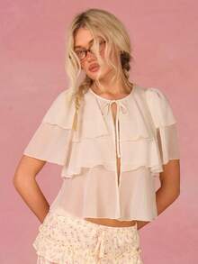 Athîral Women's Casual Vacation Chiffon Cream White Shirt, Spring/Summer, Summer Top, Solid Color White Top, Flowing Top, Summer Top, Wedding Outfit, Outdoor Outfit, Date Party Outfit, Holiday Outfit - White - View 5