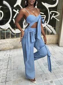 Slaydiva Women's Fashion Avant-Garde Asymmetric Criss-Cross Single Side Tie Strap Zipper Closure Fitted High Waist Denim Jumpsuit - Blue - View 5