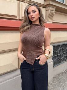 Jeta Ari 女士无袖休闲背心，简约时尚，适合日常穿着 - 棕色 - 查看 5