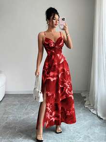 Elenzga Đầm dự tiệc/hẹn hò thanh lịch, chất liệu vải dệt hoa mới, dây mảnh, có thể điều chỉnh phần ngực, thiết kế xoắn, hở lưng, xẻ tà, ôm eo, thích hợp cho nữ. - Đỏ - Xem 7