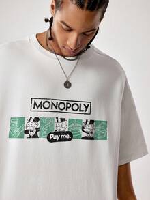 MONOPOLY X SHEIN Áo thun nam tay ngắn cổ tròn in hình hoạt hình, phong cách thường ngày, MONOPOLY - trắng - Xem 5
