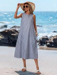 Sylviya 女式圆领条纹棉质编织连衣裙，双口袋，A 字下摆，夏季 - 藍色 - 查看 5
