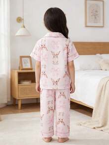 SHEIN 2件套 女童可爱兔子印花短袖开衫和宽松长裤休闲舒适家居服套装 - 淺粉色 - 查看 2