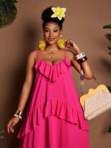 Maweii 大码女士度假连衣裙，纯色梭织无弹力面料，V领吊带设计，领口荷叶边，下摆荷叶边，大码喇叭裙摆，露背设计，适合派对、音乐节、海滩度假等场合，百搭款式，新款大码长裙 - 玫紅色 - 查看 3