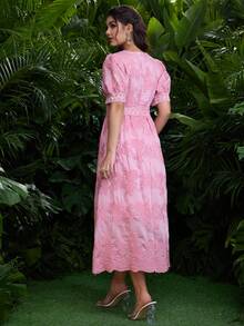 Modelyn V-Neck Embroidered Petal Sleeve Pink Dress - Pink - View 6