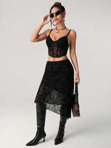 SHEIN ICON Chân váy nữ kiểu dáng thường ngày, cạp chun, chất liệu lưới màu hạt điều, vạt bất đối xứng. - màu đen - Xem 3