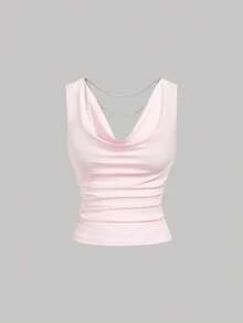 SHEIN MOD Plunging Neck Backless Faux Pearl Chain Fitted Draped Sleeveless Top - Pink - View 2