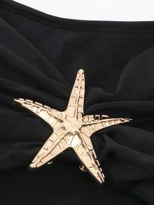 Swim Lushoire 新款黑色露肩泳装，海星装饰荷叶边裙两件套，女士泳衣，收腹塑形，女士度假套装，沙滩装，女士泳装，女士沙滩装，收腹连体泳衣，带罩衫，女士度假套装，女士泳装，女士沙滩装，保守上衣，女士背心式沙滩装 - 黑色 - 查看 5