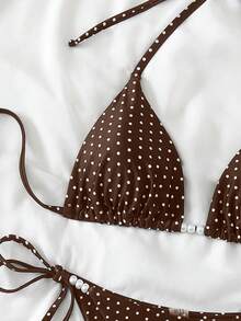 Swim Basics 女士性感两件套波点随机印花挂脖系带珍珠装饰比基尼套装，夏季 - 咖啡棕 - 查看 4