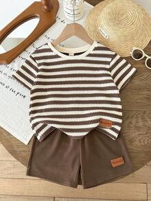 LMoss Kids 2pcs/Set Young Boy Striped Knit Crew Neck Casual T-Shirt And Shorts Set - Multicolor - View 4