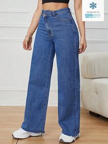 SHEIN PETITE Casual Washed Asymmetric Waist Straight Leg Jeans - Medium Wash - View 5