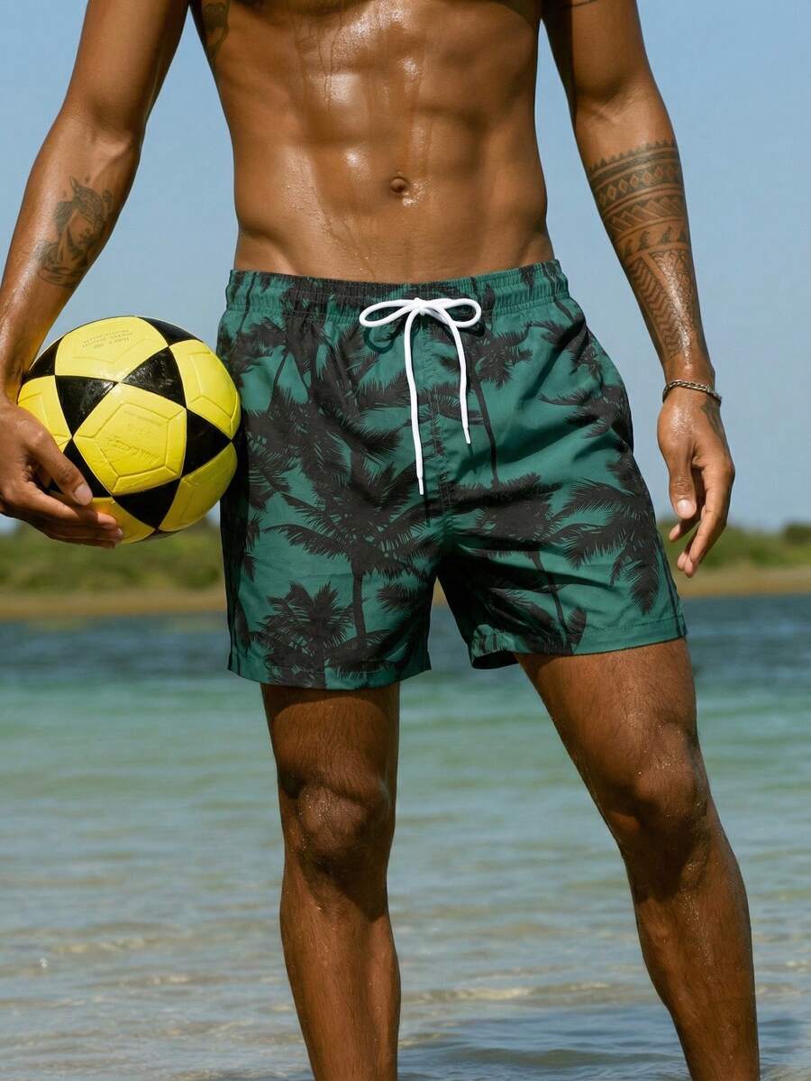 Palasendo Herrshorts med kontrastfärg, resår i midjan och dragsko, casual, heltäckande tryck, sommarstrandshorts (oregelbundet tryck) - Multifärgad - Visa 1
