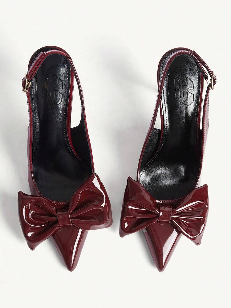 CUCCOO CHICEST Ladies Pointed Burgundy Glossy Bow Ankle Strap Skinny Heel Fashion Dating Shoes Party High Heel Sandals Wedding Shoes Spring Shoes Bride Shoes