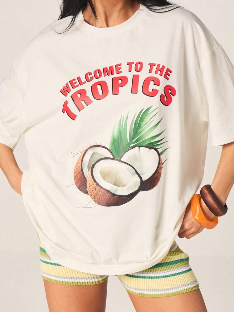 MISSGUIDED Women's Welcome To The Tropics Coconut Pineapple Graphic Oversized Short Sleeve T-Shirt Summer Vacation Beach Casual Tee