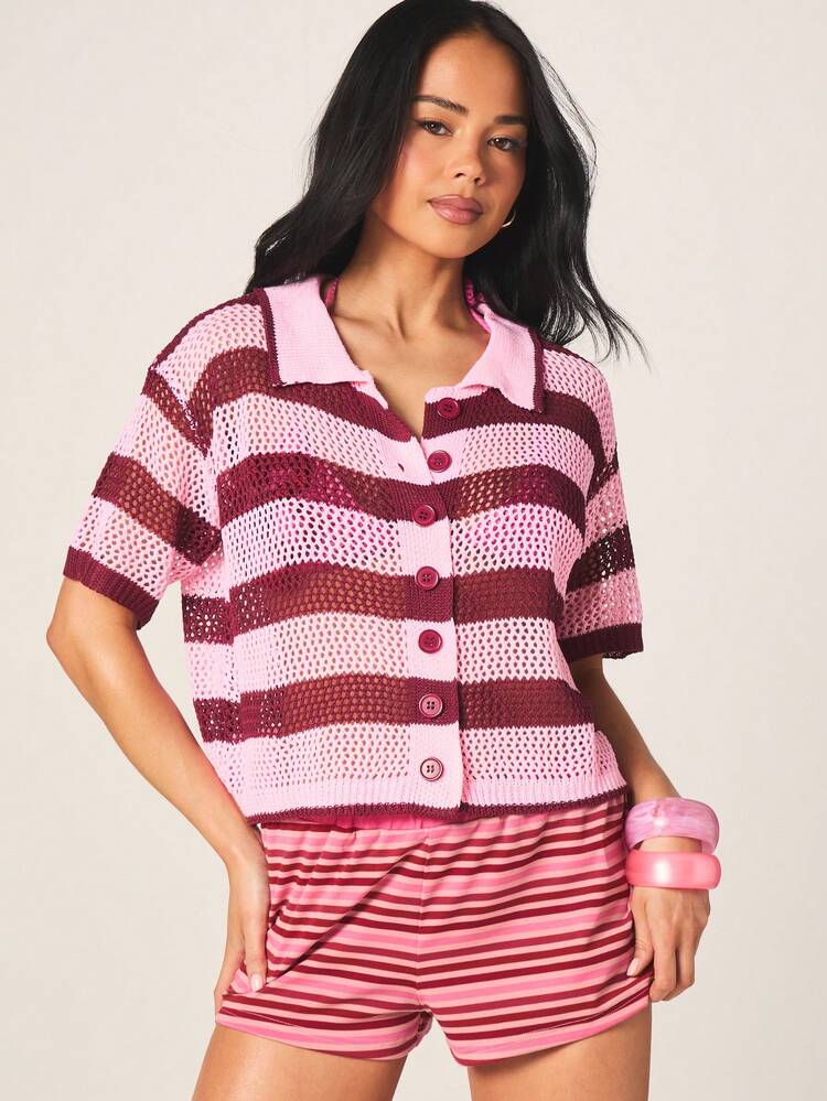 MISSGUIDED レディース オープンフロント ボタンアップ ストライプ ニットカーディガン 半袖 カジュアル 春夏 レイヤリングに最適