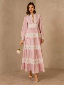 Enchnt Spring/Summer Romantic Women's Pink Floral Embroidery Lace Trim Long Sleeves Maxi Dress,Sweet&Elegant For Vacation&Date&Holiday&Going Out&Valentine's Day,Spring Outfit Women - Pink - View 4
