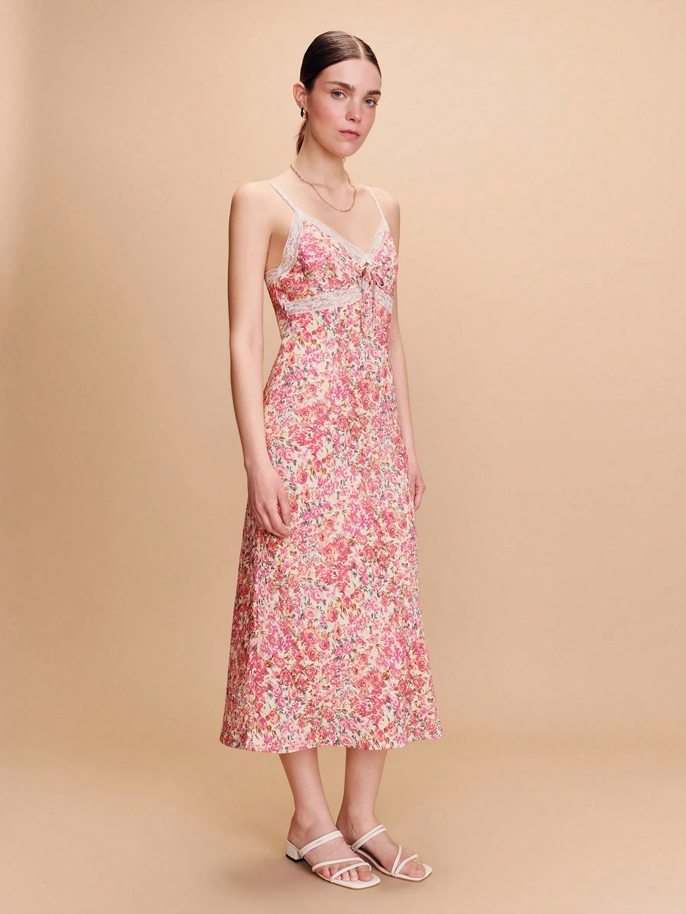 Pink Floral Woven Midi Dress With Lace Chest Detail And Straps Cute Boho Spring Summer Vintage Holiday Dress Parisian Style French Style Vacation Dress Going Out Dress